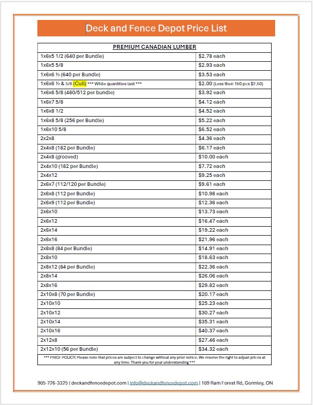 Deck & Fence Price List